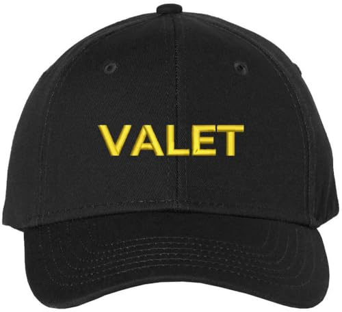 Valet Embroidered Baseball Hat | Parking Attendant Help Service Park Professional Staff Cap, Black with Gold Text