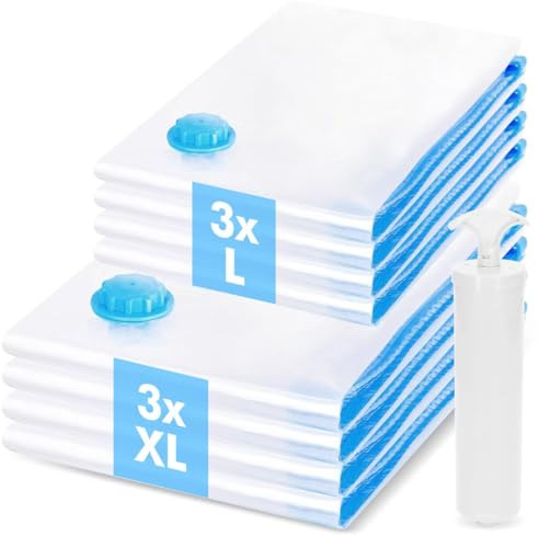 6 pezzi Sacchetti Sottovuoto Vestiti Viaggio, 3 XL + 3 L Buste Sottovuoto Vestiti, Sacchi Sottovuoto Piumoni per Cuscini, Cappotti, Coperte, Lenzuola e con Pompa a Mano