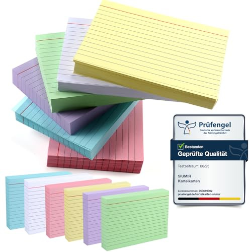 Siumir 600 Stücke Karteikarten, Doppelseitiger Druck, A6 Lernkarten, Sechs Farben Linierte Karteikarte, geeignet für Büros & Wohnungen & Schulen (14.8 x 10.5 cm)
