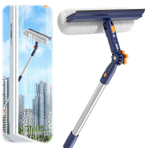 Kit Lavavetri,Sonwaha Lavavetri Telescopico con 1 Spazzola per la Pulizia Delle Finestre e Testa Rotante a 180° Manico Lungo 120cm Adatto per Case Uffici Veicoli e Pareti di Vetro Blu