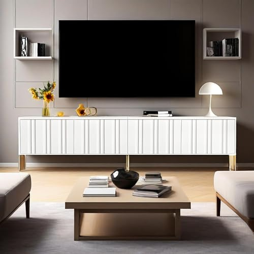 LANTRO JS TV Schrank Weiß, TV Tisch mit Goldenen Beinen, Fernseher Tisch mit Vier Türen und Acht Regalböden, TV Lowboard Wohnzimmer, 190x38x48cm