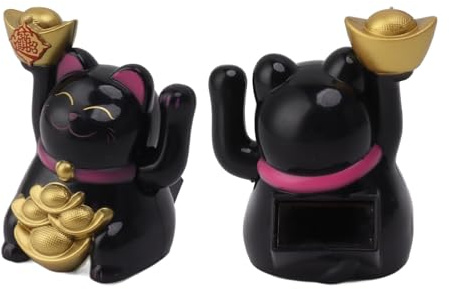 Beufee 2 pezzi Lucky Cat Waving Brain, Solar Fortune Cat Cat Maneki Neko Statue Hand Wealth Ornament per i negozi di automobili per ufficio (Nero)