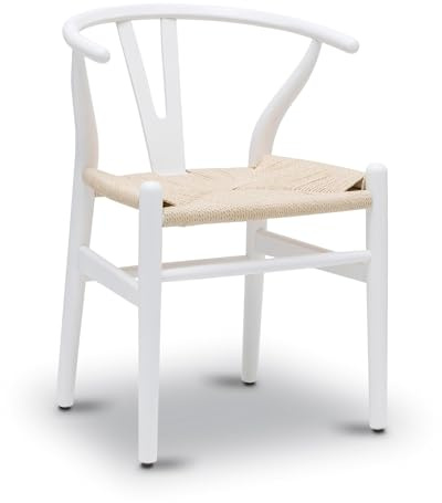 Silla de comedor de madera maciza estilo mediados de siglo con reposabrazos y asiento de cáñamo, madera de fresno y acabado de nogal