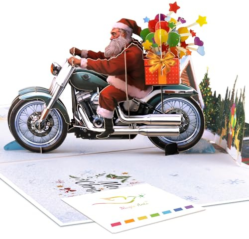 Magic Ants 3D Weihnachtskarte für Männer – Santa auf Motorrad mit Geschenken, Sternen und Winterlandschaft – Inklusive Umschlag und Blanko-Grußkarten