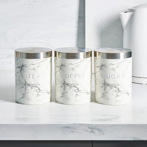 OHS Tea Coffee Sugar Canisters, Set of 3 Stackable Airtight Food Storage Easy to Open Kitchen Canisters Home Decorative Stainless Storage Canister Jars Tins, Marble
