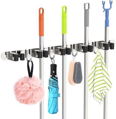 Broom Holder Wall Mounted With 5 Holders And 4 Hooks With Nails Installation Utility Room Storage Stainless Steel Broom Storage Organiser for Garage Kitchen Laundry Bathroom