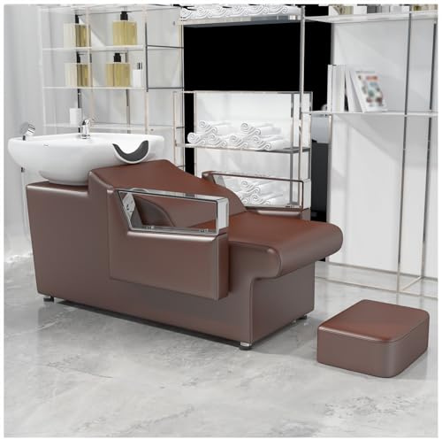 Friseurstuhl Mit Waschbecken, Friseurwaschbecken Aus Keramik Verstellbar, Rückwärtswaschsessel Mit Fußhocker, Friseurwaschsessel Für SPA Salon, Waschplatz Retro,Braun,B