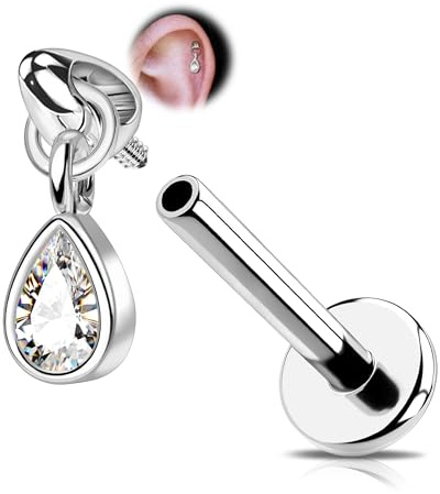 OUFER Internally Threaded Tragus Stud with Teardrop CZ Pendant – 16G Surgical Steel Helix Earring, Lip Piercing Jewelry, 8mm Bar, Steel Finish