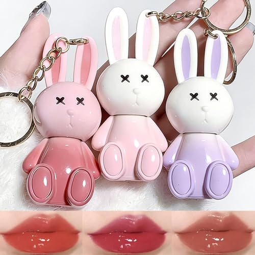 3 Farben Cute Hasen Lipgloss Set Mit Schlüsselanhänger,Jelly Lip Plumper Pink Bunny Gloss für Mädchen,Lippenstift 2 in 1 Langanhaltender Pflegender Flüssig Lippenstift