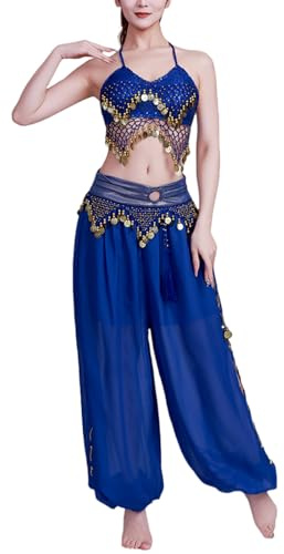 Alksubbm Set di 2 costumi da danza del ventre da donna, reggiseno a moneta, top harem, pantaloni, costumi da palcoscenico per Halloween, set di costumi