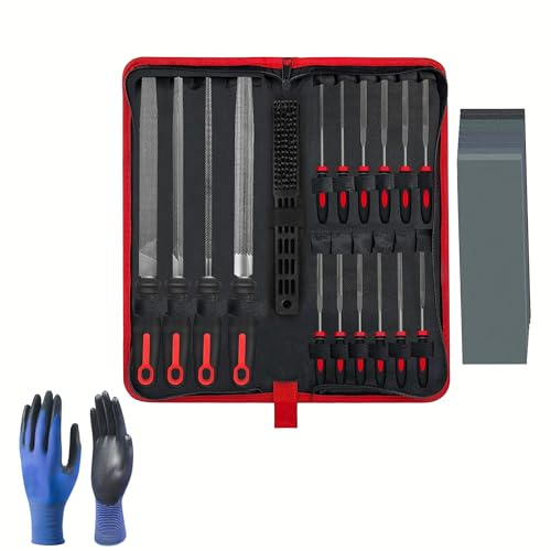 FROOBY 20PC Assorted File Set Glass Metal Woodworking Wire Brush Fine Micro Steel Mini Needle Files Metal Wood Glass Jewelry Soft Grip Precision File Modelling DIY All in Large Zipper Storage Case