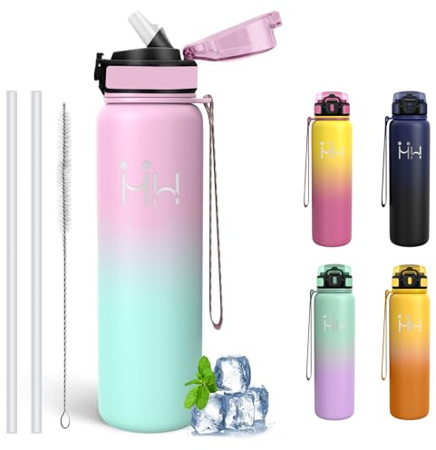 Botella Agua Acero Inoxidable, Botella Termica 1 litro, sin BPA, Cantimplora con Pajita, A Prueba de Fugas, con Cierre de Seguridad, Cantimplora para Oficina, Camping, Triatlón, Senderismo