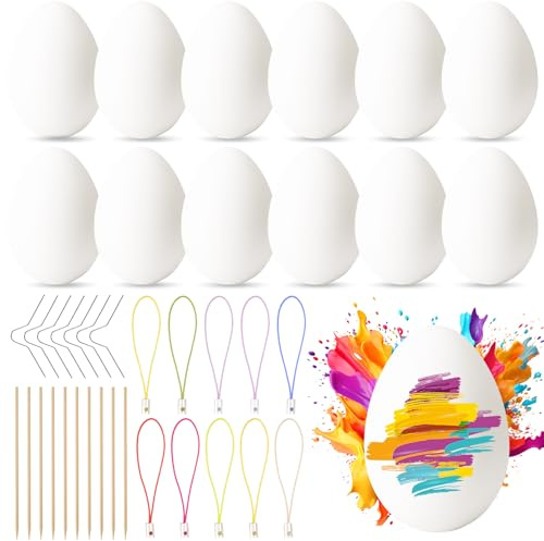 30 Deko-Eier Ostern, 6cm Kunststoff Ostereier zum Bemalen, 30 Aufhänger für Ostereier, Plastikeier Weiß, Eier zum Bemalen und Aufhängen, Osterhandwerk, Ostern Basteln für Dekoration und Geschenk