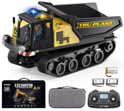 Womaqu Dumper Cingolato RC 1:50, Camion Ribaltabile con Cassone Metallico | Sollevamento a Vite, Rotazione Continua, LCD 2,4 GHz, Luci e Suoni, 2 Batterie, per Esterni, 6+ e Adulti