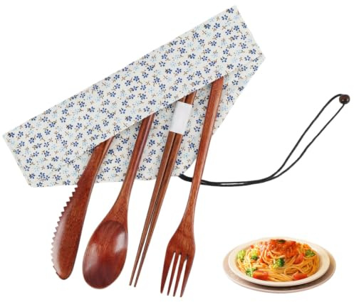 Set di posate da 4 pezzi con bacchette cinesi – Posate riutilizzabili in legno (coltello, forchetta, cucchiaio, bacchette) – Stoviglie ecologiche per campeggio, ufficio e scuola