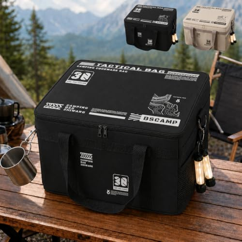 30L Camping Tasche mit Trennplatte, Outdoor Picknick Organizer 38cm x 30cm x 26cm, Grosse Aufbewahrungstasche Fuer Campinggeschirr, Party, Angeln und Reiseausruestung Schwarz