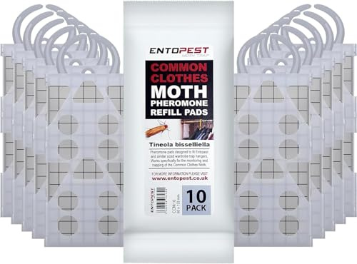 Entopest Moth Peds | 10 Refill Pads & 10 Reusable Hangers | Clothes Moth Detection | Sticky Monitoring Pads for Wardrobes | Pheromone-Based Monitoring Only