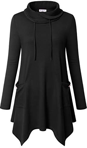Bulotus Ladies Tunic Tops, Women's Long Sleeve Turtleneck Asymmetrical Elegant Aline Tunic Dress for Leggings Womens Cowl Neck Sweaters Tunic Sweatshirts with Pockets,Black,Large