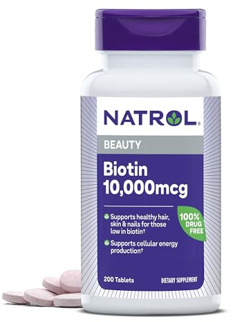 Natrol Biotin 10000mcg, Supplement for Healthy Hair, Skin and Nails for Those Low in Biotin, Plus Energy Metabolism Support, 200 Tablets, Up to a 200 Day Supply
