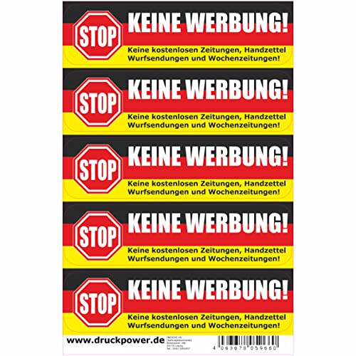 Briefkastenaufkleber - Achtung Stop Bitte keine Werbung! 5 Aufkleber Deutschland - 75mmx20mm - Keine kostenlosen Zeitungen, Handzettel, Wurfsendungen und Wochenzeitungen!
