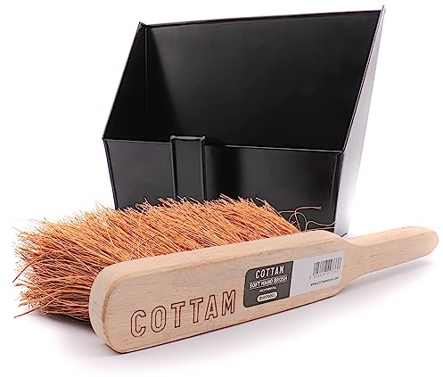 COTTAM Heavy Duty Metal Dustpan (Black) With Handle & Soft Hand Brush | Hooded Dust Pan/Dust Collector With Soft Hand Brush For Cleaning Home, Log Burner, Stove, Workshop & Garden