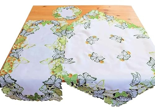Raebel OHG Tischdecke Tischläufer Mitteldecke Deckchen Frühling Bestickt mit grünen Schmetterlingen (85 x 85 cm)
