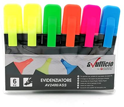 Alevar Evidenziatori Fluo Punta Scalpello, Colori Assortiti in Busta da 6 Pezzi