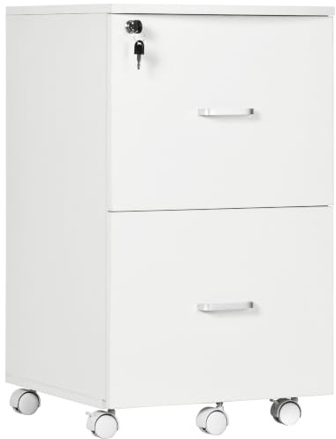 Vinsetto Cajonera de Oficina 2 Cajones 5 Ruedas 43x45x72 cm Blanco | Mueble Auxiliar para Archivos, Cerradura con 2 Llaves, para Tamaño Carta A4, para Estudio Despacho Dormitorio