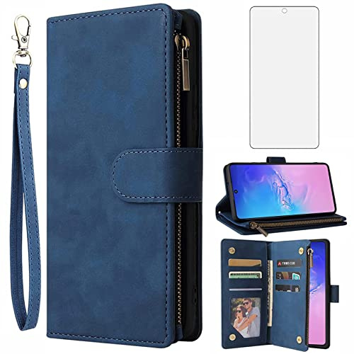 Asuwish Compatible with Samsung Galaxy S10 Lite Wallet Case Tempered Glass Screen Protector and Leather Flip Cover Card Holder Cell Phone Cases for Glaxay S10lite S 10 10s Galaxies A91 Women Men Blue