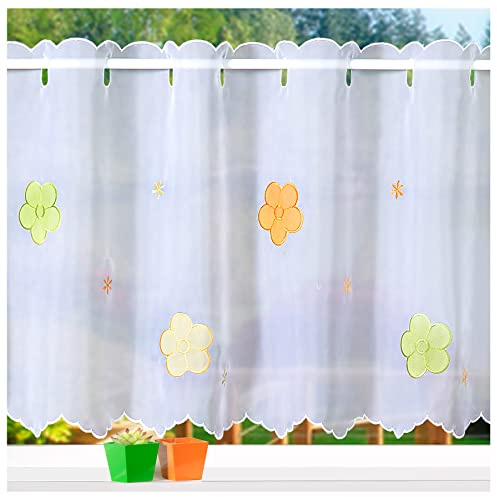heimtexland ® Scheibengardine Voile Stickerei Blumen Deko Gardine Transparent Bunt Bestickt Fensterdekoration Bistrogardine Bordüre Typ823 HxB 45 x 118 cm