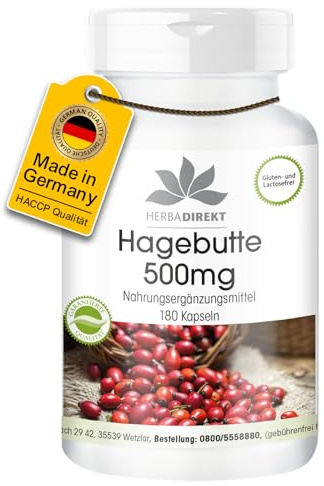 Hagebutten 500mg Kapseln - 180 Kapseln - hochdosiert - vegan - mit Acerola | HERBADIREKT by Warnke Vitalstoffe - Deutsche Apothekenqualität