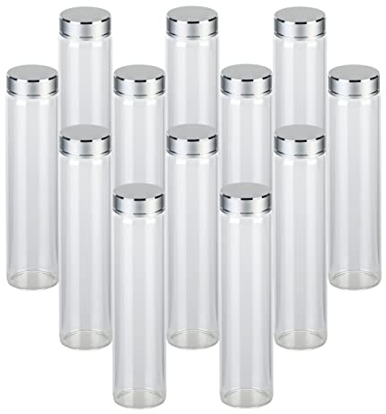 gouveo 12er Set Gewürzgläser 100 ml Tube mit Schraubdeckel silberfarben - Kleine zylinderförmige Gläser mit Schraubverschluss - Leere Aufbewahrungsgläser für Kräuter, Kosmetik, Bastelzubehör
