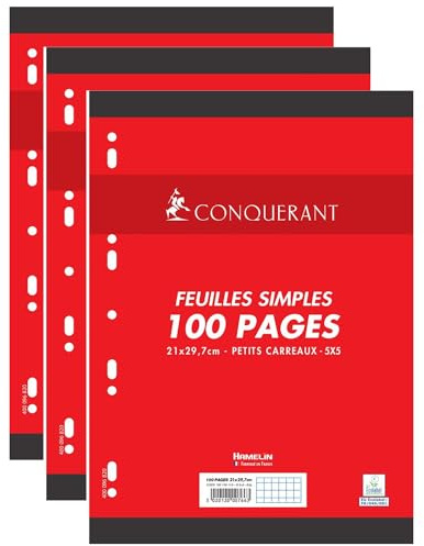 CONQUÉRANT Lot de 3 Paquets Feuilles Simples 100 Pages A4 80g Petits Carreaux