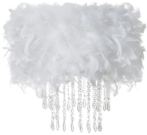 Waneway Feather Lampshade with Acrylic Droplets, Fluffy Lamp Shade for Ceiling Light, Pendant Light, Chandelier, Table Lamp or Floor Lamp, Bedroom Living Hallway Decoration, White