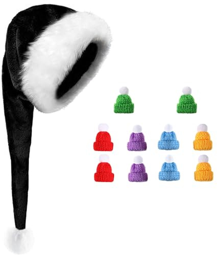 Tarocat Lang Weihnachtsmütze, Nikolausmütze Erwachsene Plüsch weihnachtsmann mütze mit dicker fellrand, Santa Clause Mütze mit 10 Stück Mini Weihnachtsmütze-Zufällige Farbe (Schwarz)