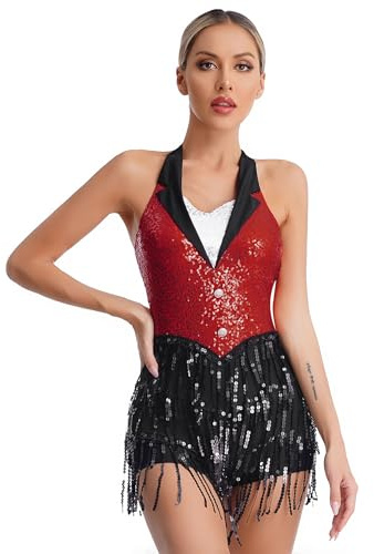 dPois Justaucorps Danse Latine Femme Dos Nu Body Gymnastique Brillants Paillettes Tenue Danse Moderne Jazz Combinaison Patinage Costume Spectacle Rouge M