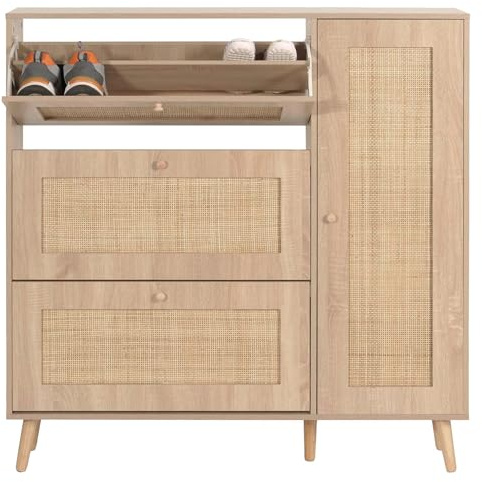 Mendler Rattan-Schuhkipper HWC-M37 127x120x24cm Holz - Eiche-Optik | Schuhregal, Schuhschrank, 3 Kippfächer, 2 Regalböden, Melamin