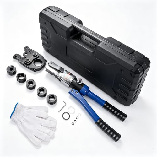 Hopzty Profi Presszange V-Kontur (hydraulisch) 12-15-18-22-28 Set Presswerkzeug mit 360° drehbarem Kopf für Kupferrohr, Edelstahlrohr, Edelstahlrohr, Backeneinsätze V12, V15, V18, V22, V28, Blau