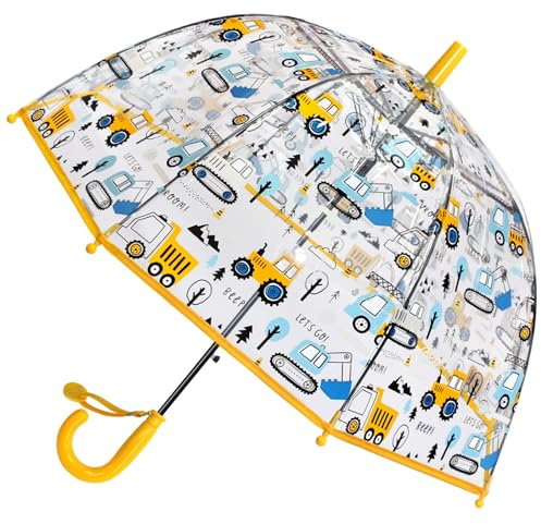 Kids Clear Bubble Umbrella -Perfect for Walking Safety-Grip Curved Handle-Transparent Dome See Through Child,Safety Kids Umbrella for Toddler Boys Girls (Yellow Digger)