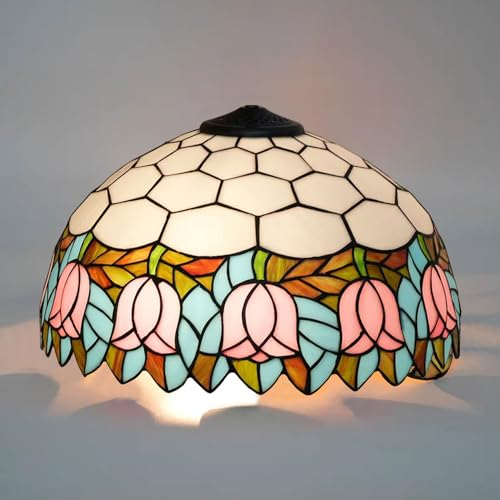BOTOWI 16-Inch Tulip Lampshade Replacement, Tiffany Style Floral Stained Glass Lamp Shade, Antique Traditional Art Design Light Cover Only for Table Lamps Pendant Lamps Floor Lights,Pink