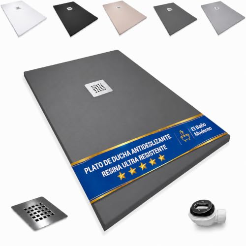 EL BAÑO MODERNO Plato Ducha 70x80CM Antideslizante Antibacteriano | Resina Resistente a Agentes Químicos · Incluye Rejilla Desagüe Ducha · Válvula Sifón · Ral 7021 Grafito