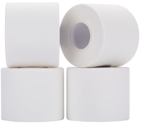 4 Rollen Sporttape Weiß, 5cm x 10m Tape Sport Fussball Tape Klebeband Fingertape Tapeband für Fußball Volleyball Alle Sportarten - Starke Haftung, Reißbar & Hautfreundlich