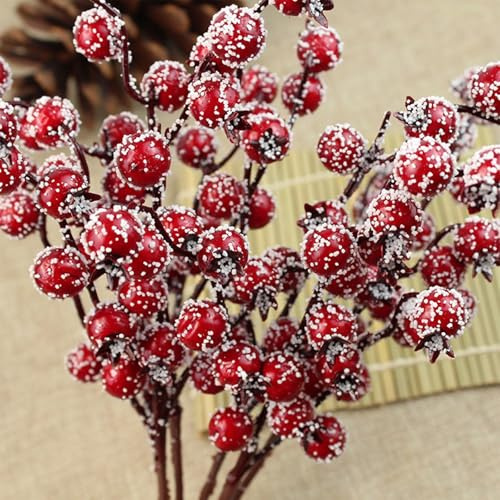 Gvrxec 12 Stück Künstliche Beeren, Schnee Gefrostet Gefälschte Beerenzweige, Fake Mini Rot Holly Künstlicher Beerenzweig, rote Kunst Zweig Beeren für Weihnachten, Hochzeit, Handwerk und Heimornamente
