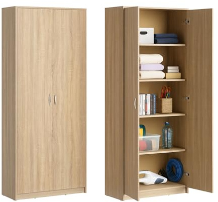 Home Collective Schrank Mehrzweckschrank Aktenschrank Hochschrank mit 5 Fächern, 2 Türen, 74x35x180 cm, vielseitig einsetzbar für Büro, Flur, Küche, Hauswirtschaftsraum, stabil & pflegeleicht | sonoma