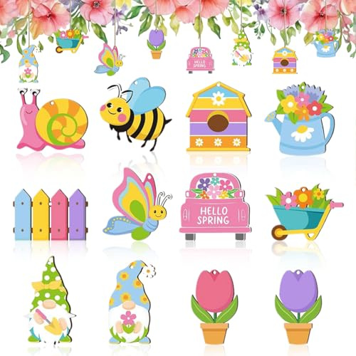 LUYANFX 12 Stück Holzanhänger Frühling, Holzanhänger Blumen, Wichtel Holz Anhänger, Frühlingsdeko Holz Bunt, Frühlings Deko für Ostern Heimdekoration (Rosa)