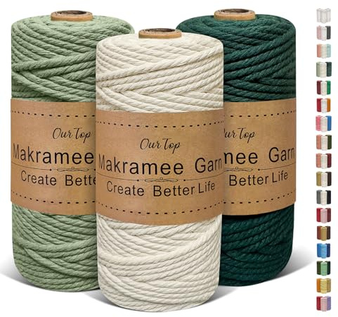OurTop Corda Macramè 3mm Set, 4mm x 55m Filo Macrame Corda Macramè Filo Morbido Filato Macrame per Fai Da Te, Artigianato, Lavori a Maglia, Lavori Decorativi(Natura, Verde Chiaro, Verde Scuro)