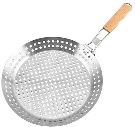 Bistecchiera antiaderente in acciaio inox con manico pieghevole in legno per barbecue e grigliate