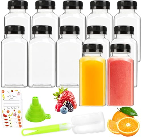 ztarraum Juice Bottles with Lids, 12 Pack 8oz BPA-Free Reusable Plastic Bottles, Leakproof Drink Containers with Funnel, Cleaning Brush and Labels for Juice, Smoothies and Fridge Storage