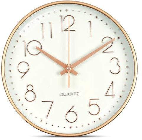 Aolso 20 cm (8 pollici) Orologio da Parete Moderno Silenzioso,Orologio da Muro al Quarzo Circolare Facile Lettura,Movimento al Quarzo per Camera da Letto, Soggiorno, Cucina, Ufficio-Bianco + Oro Rosa
