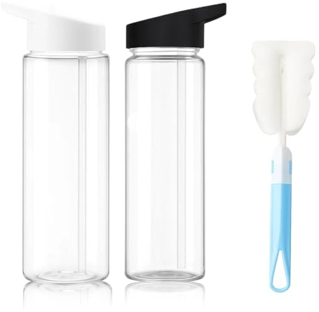 YREYBN 2 Pack Clear Water Bottles for Exams, 750ml Plastic Water Bottles with Straw and Flip-Top Lid, Leakproof Design for Gym, School, Sports, Cycling, Running, Hiking, Yoga, Office